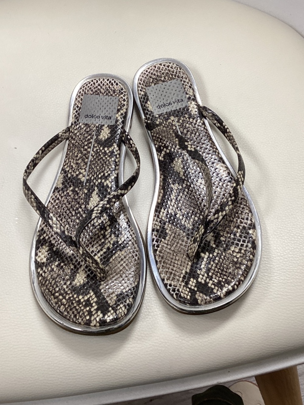 Dolce Vita Brown and Cream Snake-Print Thong Sandals